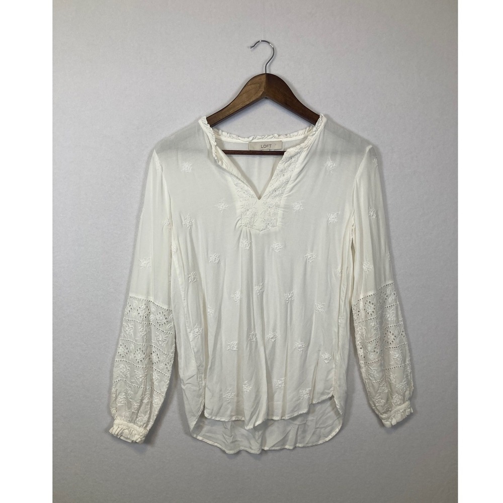 LOFT White Embroidered Eyelet Boho V Neck Tunic Blouse Top Women's XS